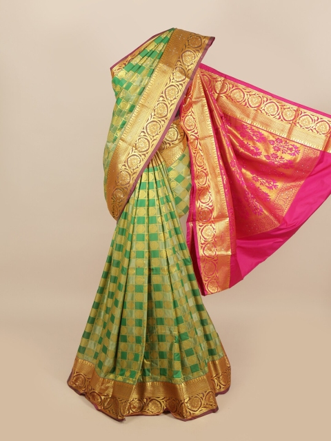 

Pothys Green & Pink Checked Zari Woven Design & Stone Work Detail Silk Blend Saree