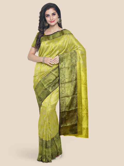 KLM Fashion Mall Green & Black Ethnic Motifs Zari Silk Blend Kanjeevaram Saree