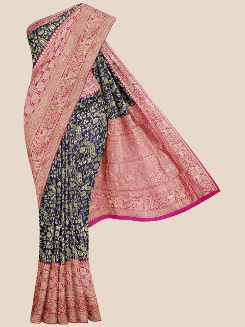 

Kalamandir Navy Blue & Pink Woven Design Banarasi Saree