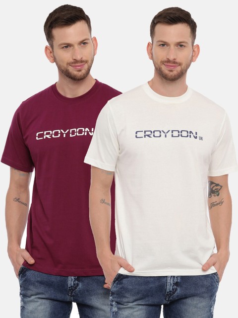 

CROYDON Men White & Maroon Printed Pack of 2 Slim Fit T-shirts
