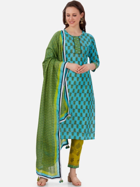 

Kiana Women Blue Ethnic Motifs Printed Pure Cotton Kurta with Trousers & Dupatta