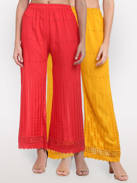

NEUDIS Women Red & Yellow Pack of 2 Ethnic Motifs Embroidered Ethnic Palazzos