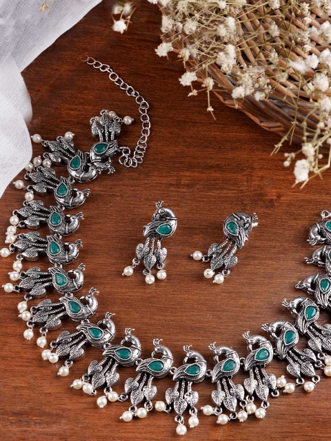 

TEEJH Oxidized Silver-Plated Green & White Stone-Studded Pearl Beaded Jewellery Set
