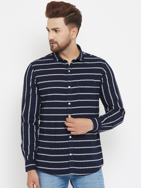 

Canary London Men Navy Blue Slim Fit Striped Casual Shirt