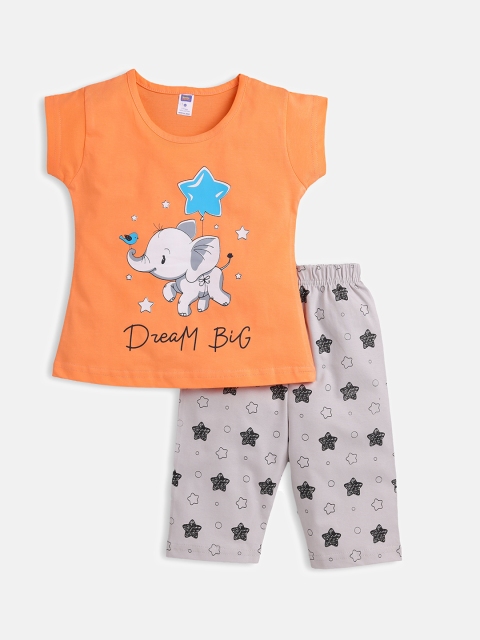 

Nottie Planet Girls Coral Orange & Grey Printed Night suit LG-156-CORAL