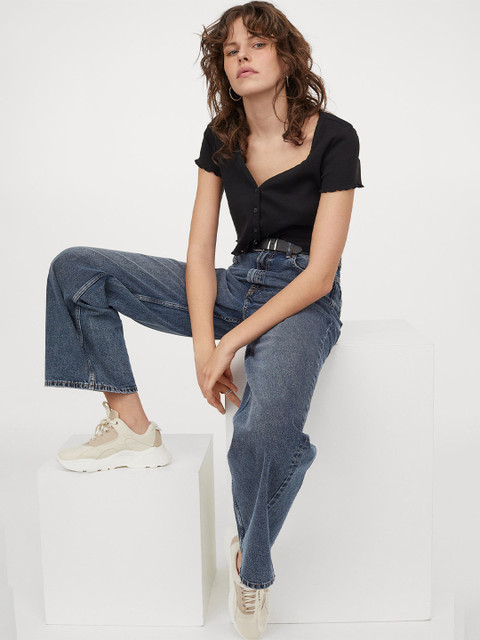 

H&M Women Black Button-front Cropped Top
