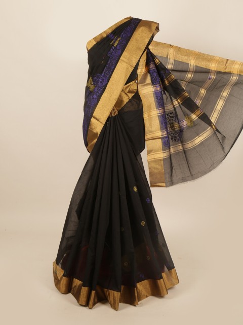 

Pothys Black & Purple Floral Embroidered Silk Cotton Saree