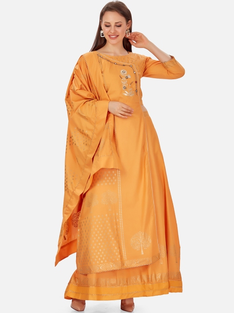 

Kiana Women Orange Panelled Pure Cotton Kurti with Skirt & With Dupatta