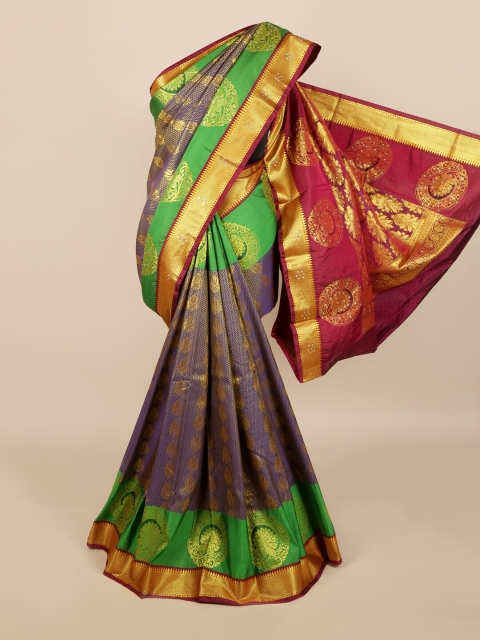 

Pothys Navy Blue & Green Ethnic Motifs Zari & Stone Work Detail Silk Blend Saree