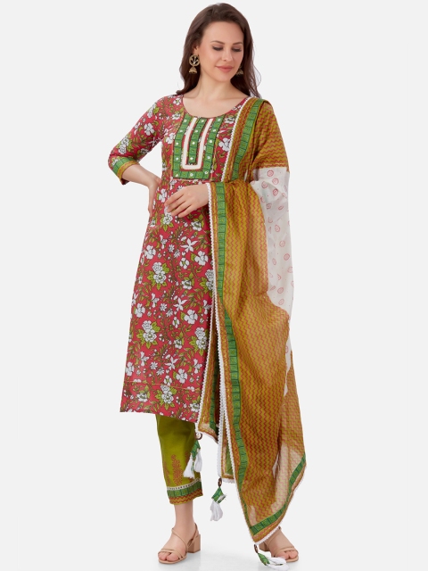 

Kiana Women Red Floral Printed Pure Cotton Kurti with Salwar & With Dupatta