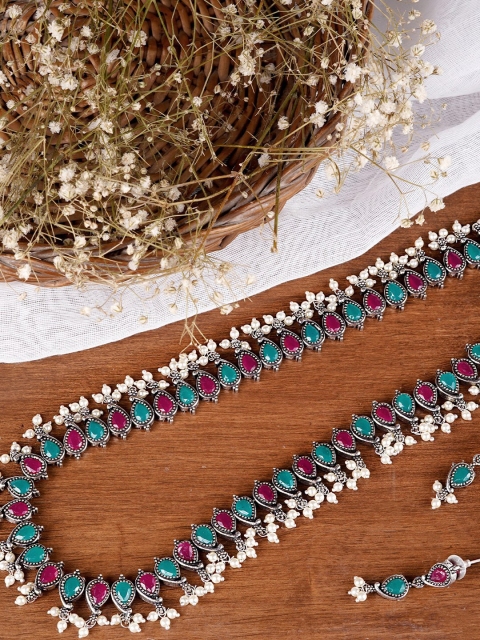 

TEEJH Oxidised Silver-Plated Pink & Green Stone-Studded & Beaded Jewellery Set