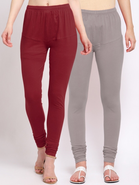 

KLOTTHE Women Pack of 2 Solid Cotton Churidar-Length Leggings, Maroon
