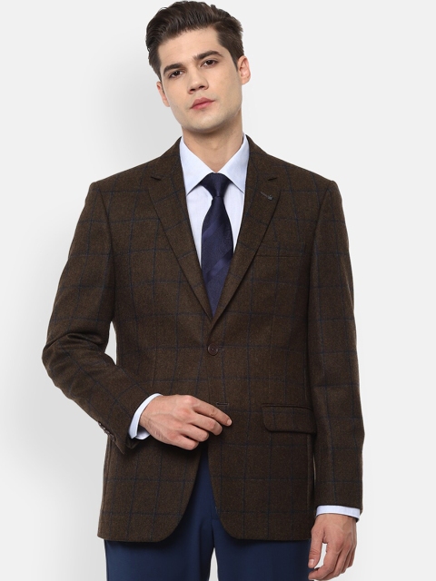 Louis Philippe Men Brown & Blue Checked Pure Wool Single-Breasted Formal Blazer