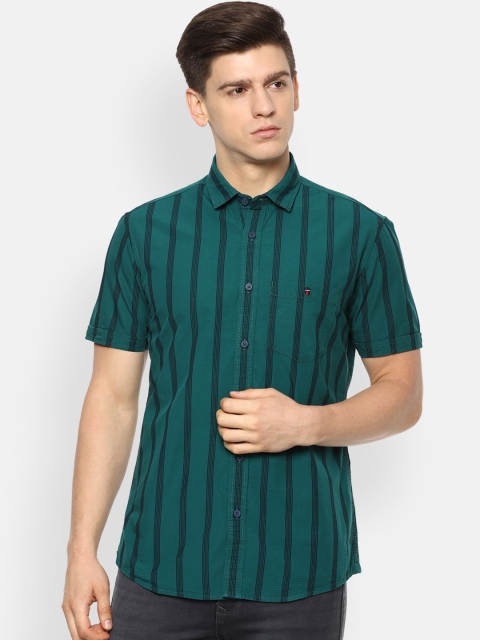 

Louis Philippe Jeans Men Green & Blue Striped Slim Fit Casual Shirt