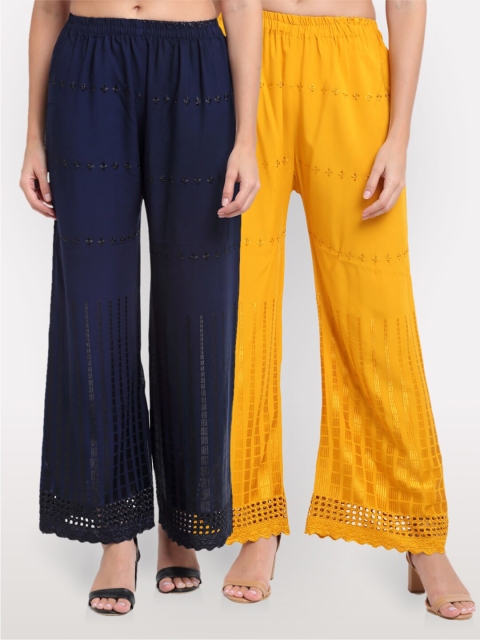 

NEUDIS Women Navy Blue & Yellow Set of 2 Embroidered Ethnic Palazzos