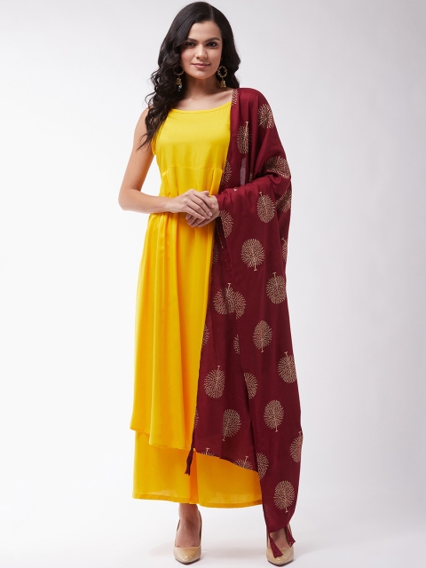 

InWeave Women Yellow & Maroon Printed Straight Kurta & Palazzo With Dupatta