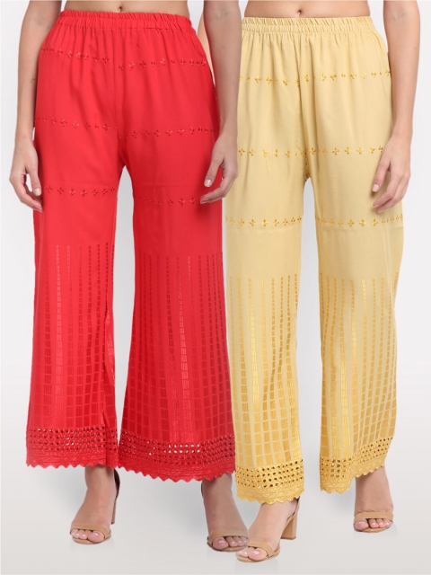 

NEUDIS Women Red & Beige 2 Floral Embroidered Ethnic Palazzos