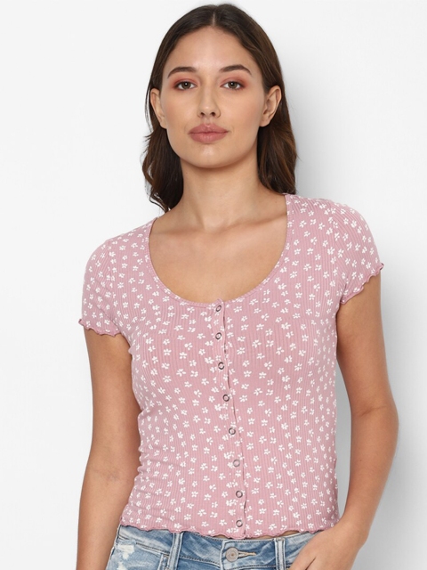

AMERICAN EAGLE OUTFITTERS Women Pink Printed Slim Fit Crop Top