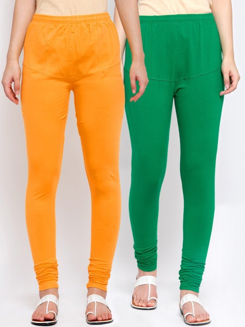 

KLOTTHE Women Pack Of 2 Orange & Green Solid Cotton Churidar-Length Leggings