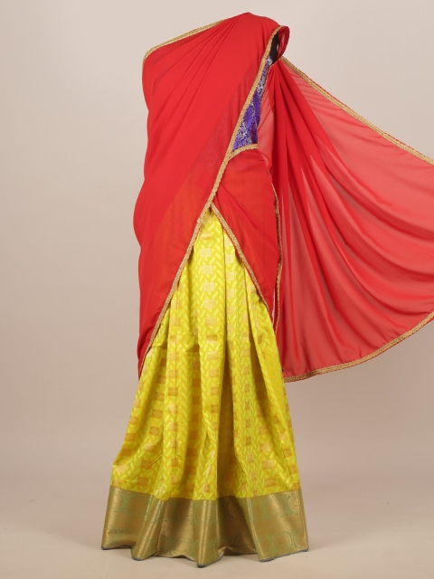 

Pothys Red & Yellow Zari Half and Half Saree