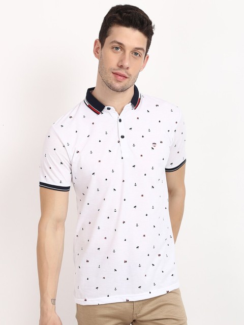 

V2 Value & Variety Men White & Navy Blue Nautical Printed Polo Collar Cotton T-shirt