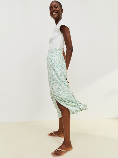 

H&M Women White & Green Printed Button-Front Skirt
