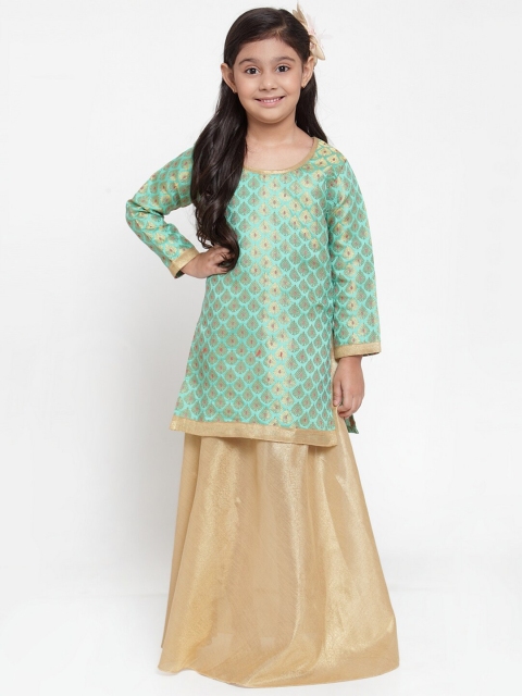 

Baani Creations Girls Green & Gold-Toned Self Design Ready to Wear Lehenga Choli