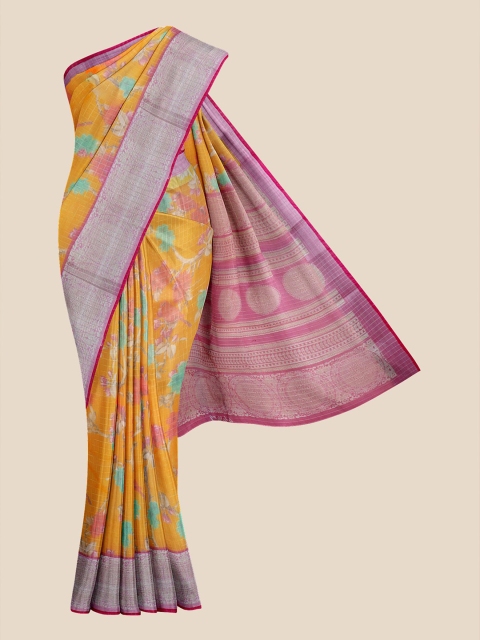 

Kalamandir Mustard Orange & Purple Floral Print Silk Blend Saree