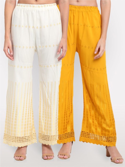 

NEUDIS Women White & Yellow Pack of 2 Floral Embroidered Ethnic Palazzos
