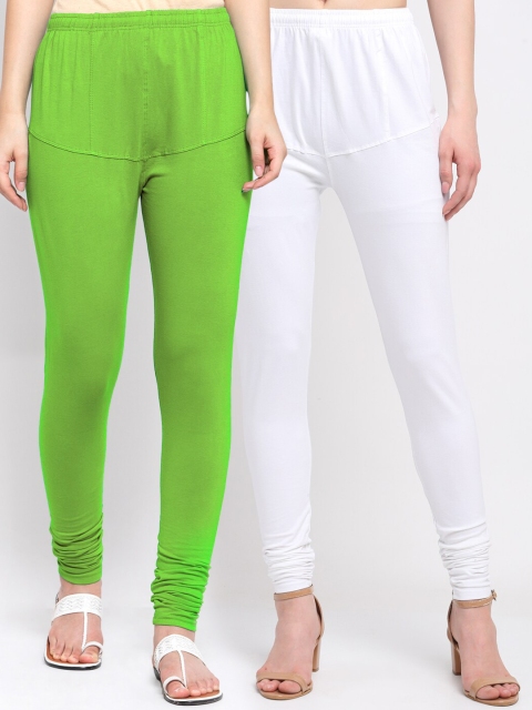 

KLOTTHE Women Pack Of 2 Green & White Solid Cotton Churidar-Length Leggings