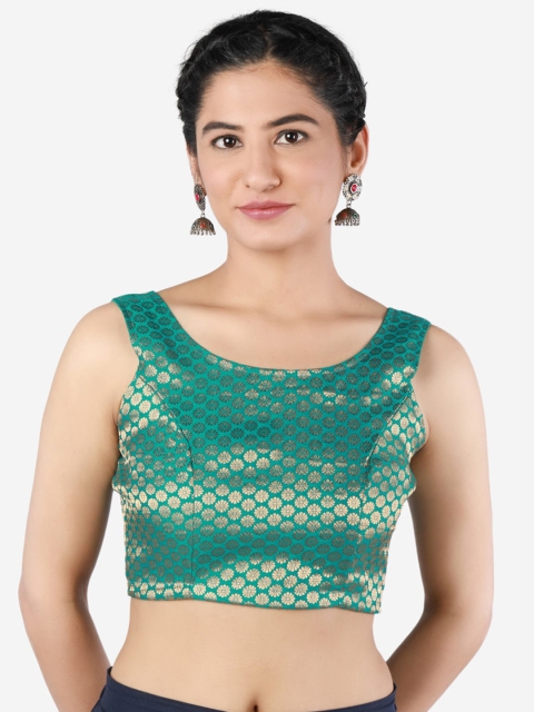 

Llajja Women Green & Gold-Coloured Woven-Design Brocade Saree Blouse