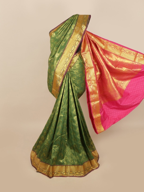 

Pothys Green & Gold Ethnic Motifs Woven Design & Stone Work Detail Silk Blend Saree
