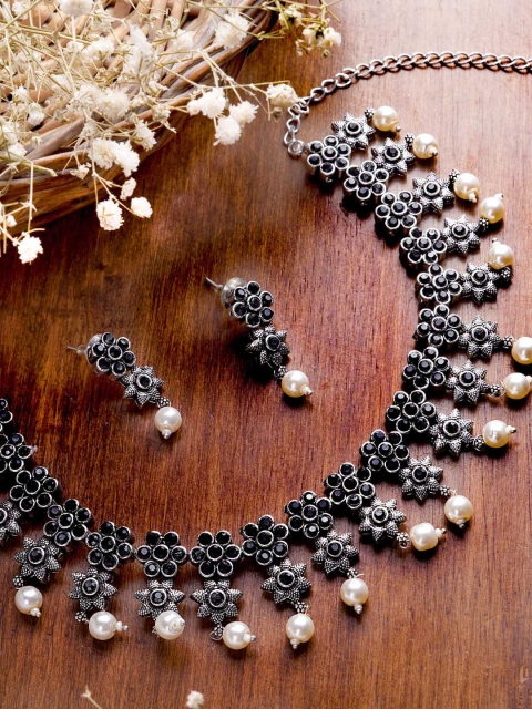 

TEEJH Oxidised Silver-Plated White Beaded Jewellery Set