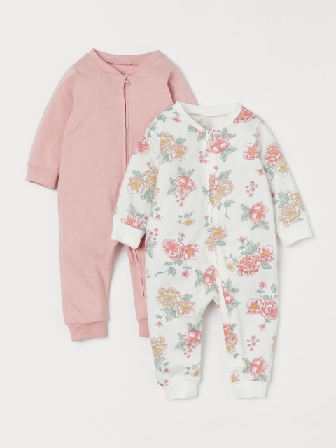 

H&M Infant Girls 2-Pack Zip-Up Cotton Sleepsuits, White