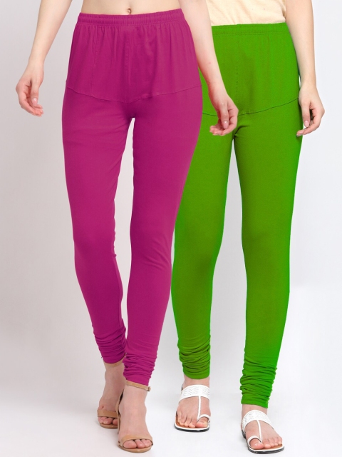 

KLOTTHE Women Pack Of 2 Solid Churidar-Length Cotton Leggings, Green