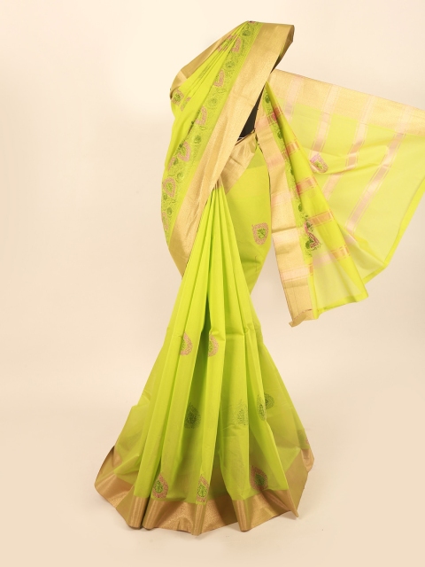 

Pothys Lime Green & Pink Floral Embroidered Silk Cotton Saree