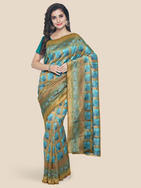 

Kalamandir Mustard Brown & Green Checked Brasso Saree