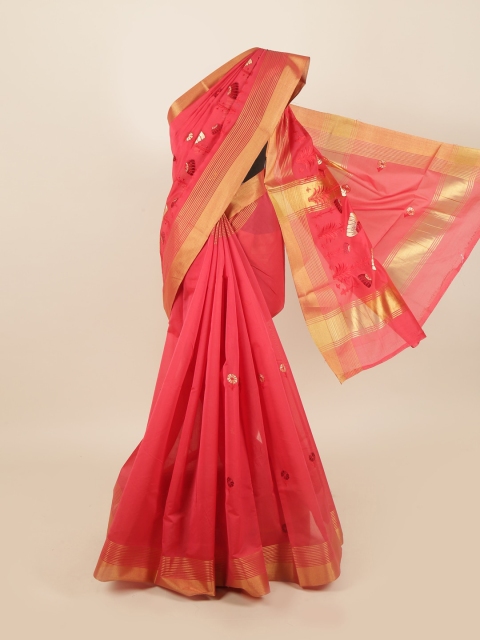 

Pothys Pink & Gold-Toned Floral Silk Cotton Saree
