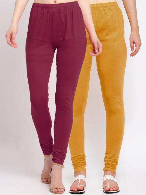 

KLOTTHE Women Pack Of 2 Solid Churidar-Length Cotton Leggings, Mustard