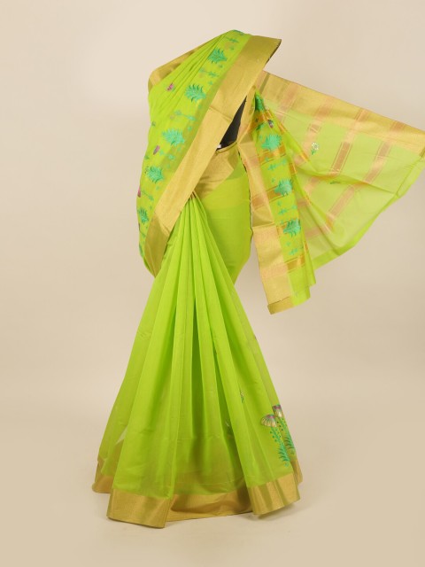 

Pothys Green & Gold-Toned Floral Embroidered Silk Cotton Saree