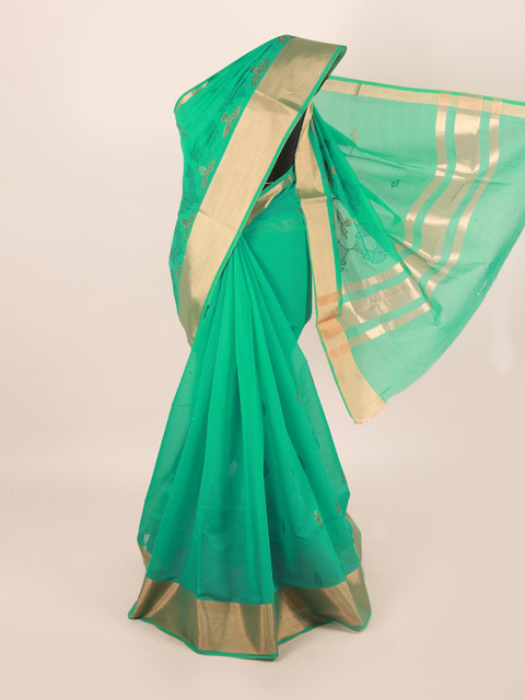 

Pothys Sea Green & Gold-Toned Ethnic Motifs Embroidered Silk Cotton Saree