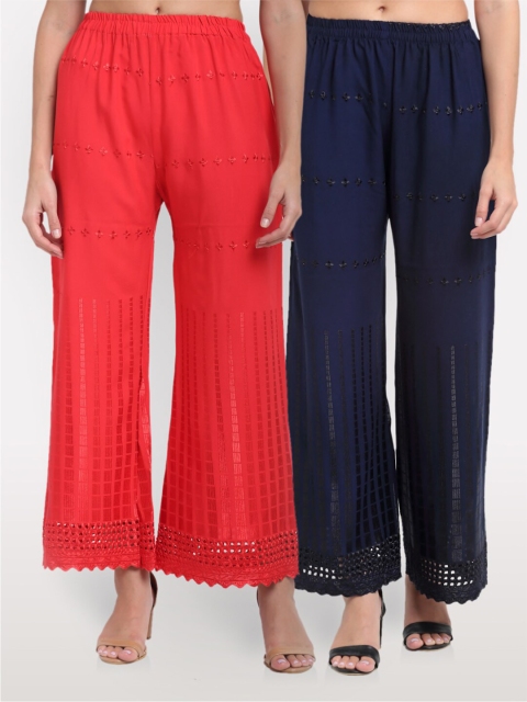 

NEUDIS Women Pack of 2 Red & Navy Blue Embroidered Ethnic Palazzos