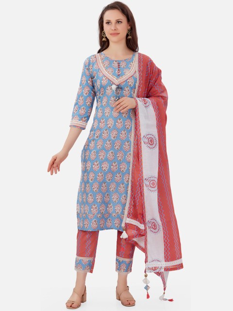 

Kiana Women Blue Red Ethnic Motifs Printed Pure Cotton Kurta & Trouser With Dupatta