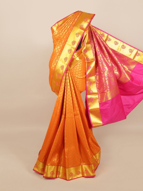 

Pothys Orange & Golden Ethnic Motifs Zari & Stone Work Detail Saree