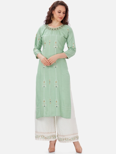 

Kiana Women Sea Green & White Ethnic Motifs Printed Kurta With Palazzos