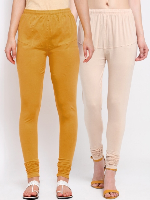 

KLOTTHE Women Pack of 2 Mustard Yellow & Beige Solid Cotton Churidar-Length Leggings