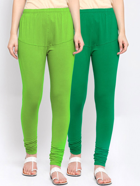 

KLOTTHE Women Pack Of 2 Solid Cotton Churidar-Length Leggings, Green