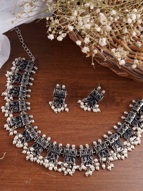 

TEEJH Oxidized Silver-Plated Black & White Faux-Studded Pearl Beaded Jewellery Set