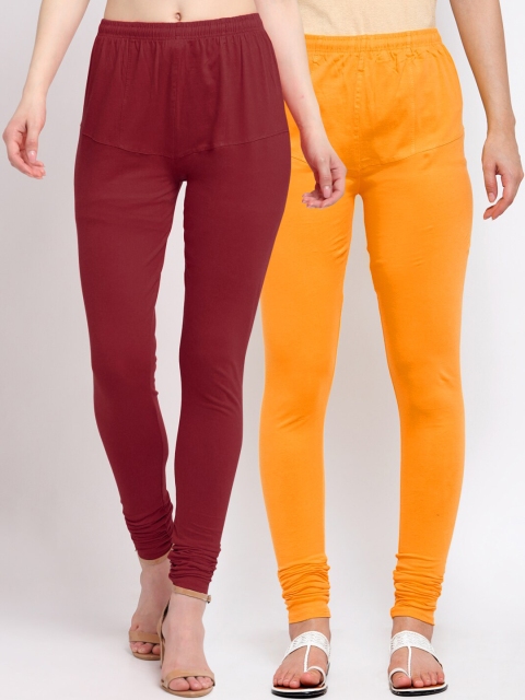 

KLOTTHE Women Pack Of 2 Solid Cotton Churidar-Length Leggings, Maroon