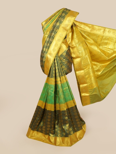 

Pothys Green & Golden Ethnic Motifs Zari & Stone Work Detail Saree